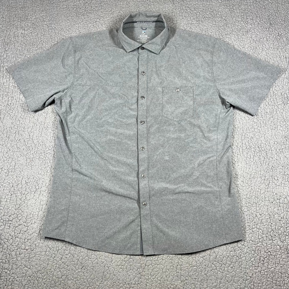 KUHL Button Up Men XL Tapered Fit Stretch Short Sleeve Grey Outdoor Hiking
